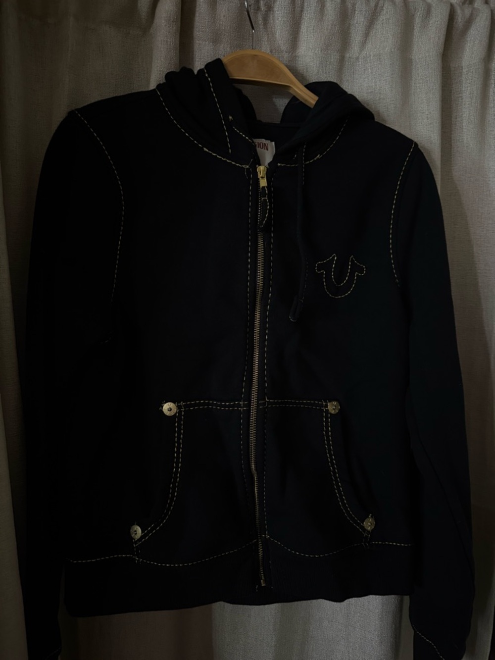 True Religion Black Zip Hoodie with Contrast Stitching